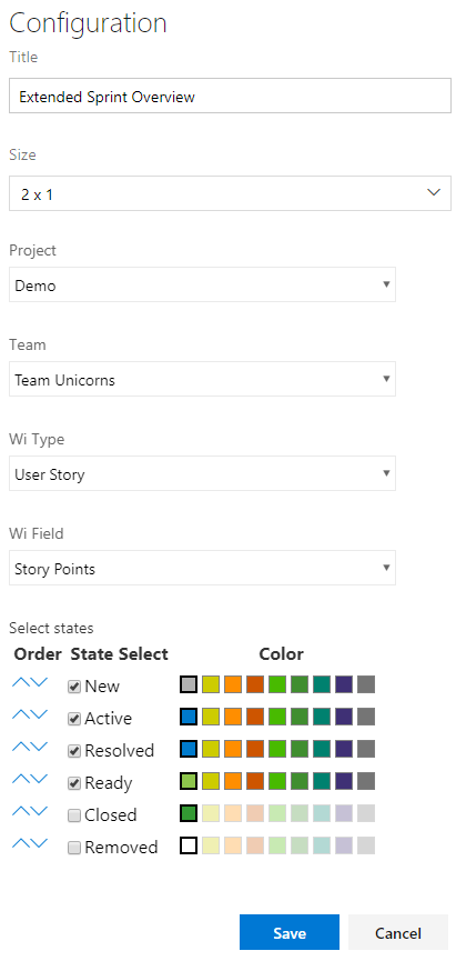 Configuration view of Ninido Extended Sprint Overview Widget